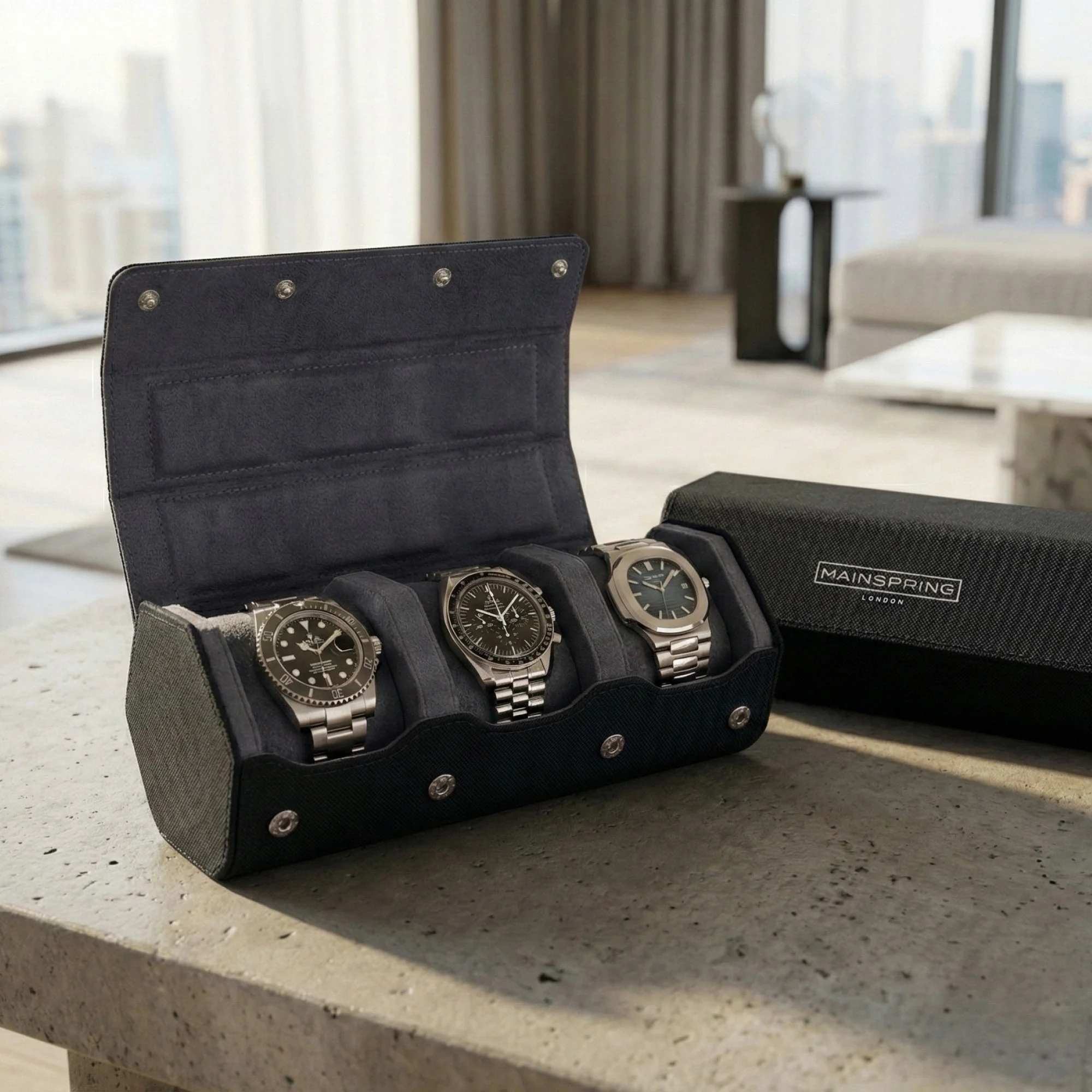 Mainspring Esagono 3-Slot Watch Roll Ink Black
