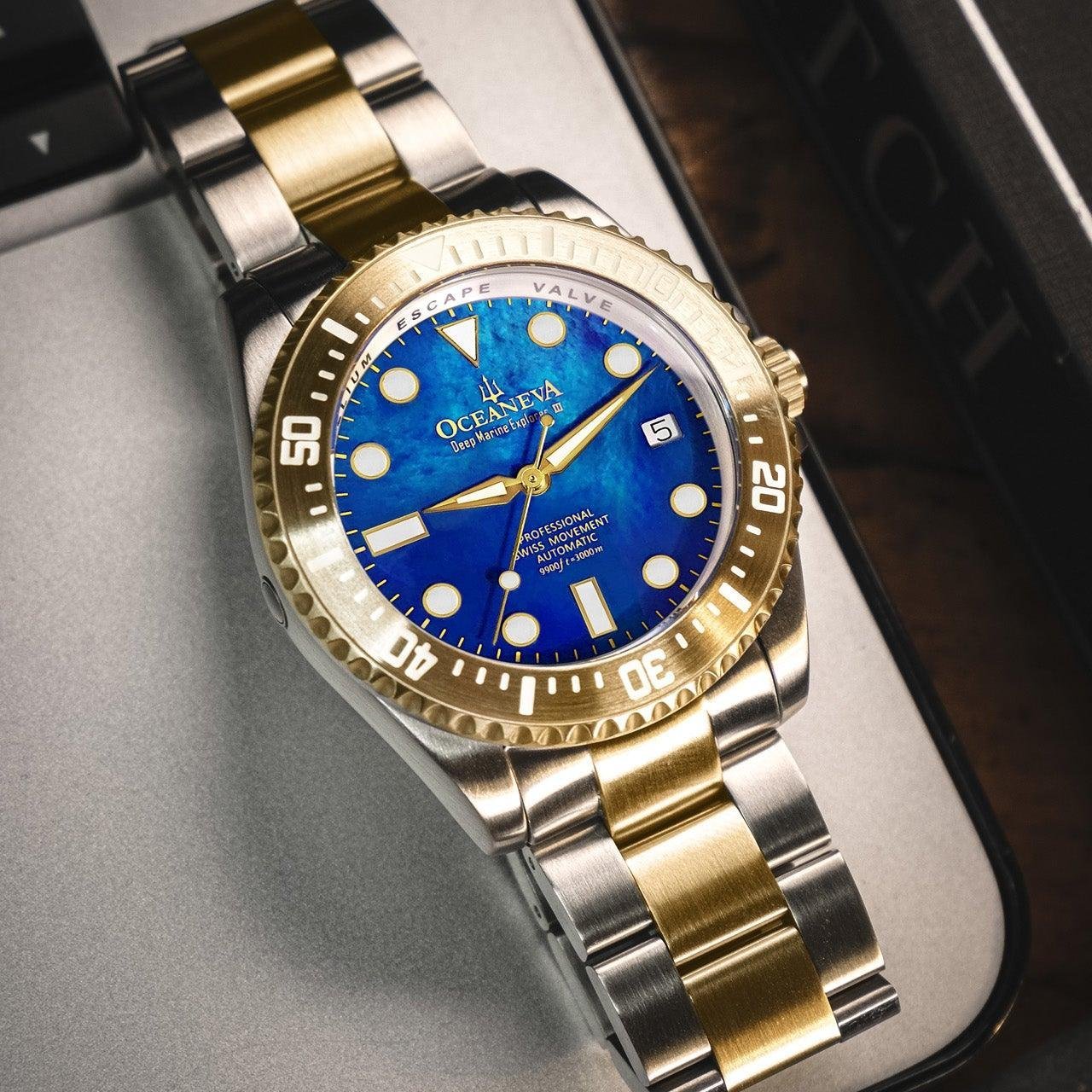 Oceaneva Deep Marine Explorer III Automatic 3000M Pro Diver Gold Blue Mother of Pearl Limited Edition