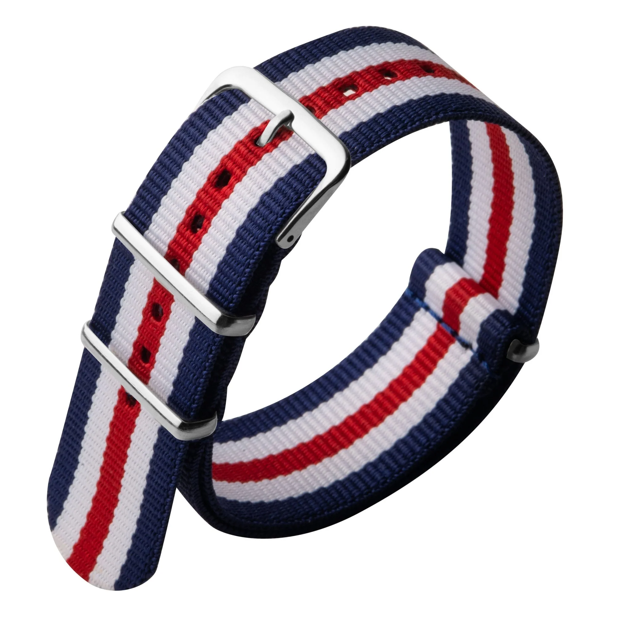 1579-xeric-22mm-military-strap-red-white-blue-with-silver-hardware-1.webp Xeric 22mm Military Strap Red White Blue with Silver Hardware