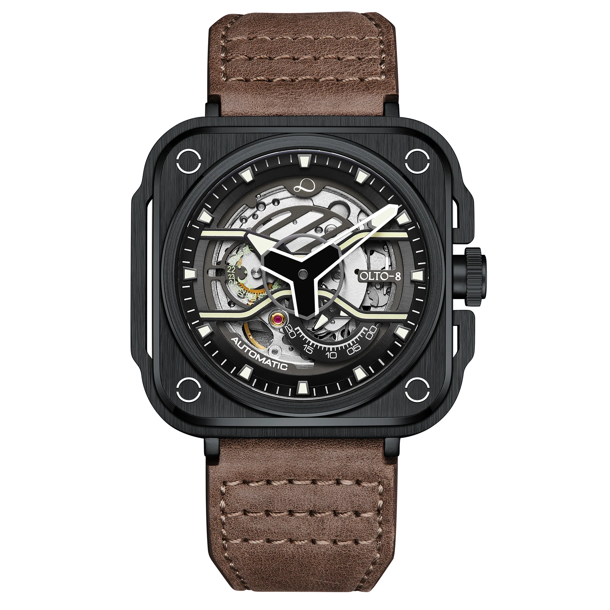OLTO-8 IRON-EX Square Skeleton Automatic Watch Brown
