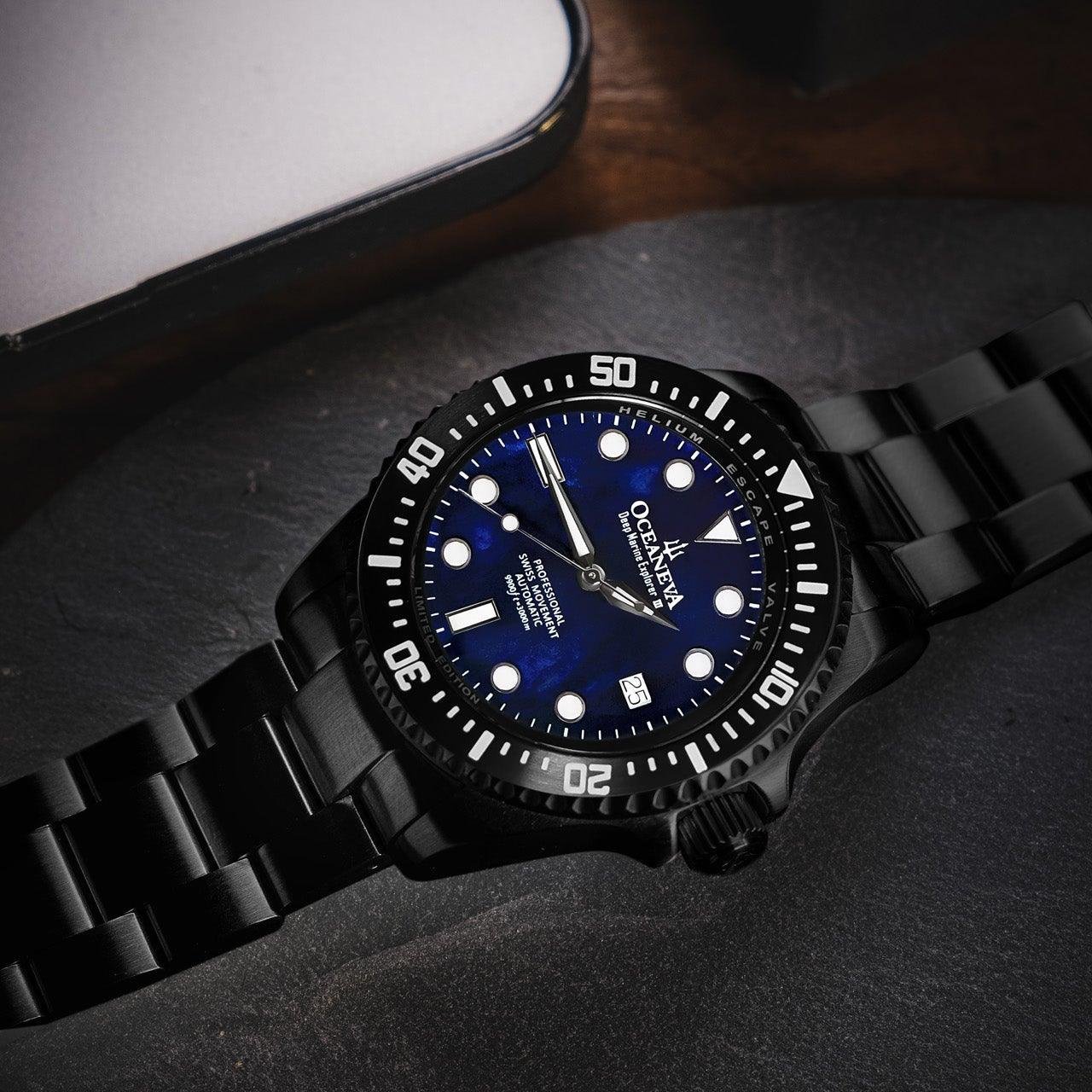 Oceaneva Deep Marine Explorer III Automatic 3000M Pro Diver Black Navy Mother Of Pearl Limited Edition