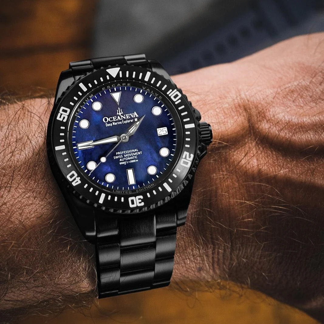 Oceaneva Deep Marine Explorer III Automatic 3000M Pro Diver Black Navy Mother Of Pearl Limited Edition