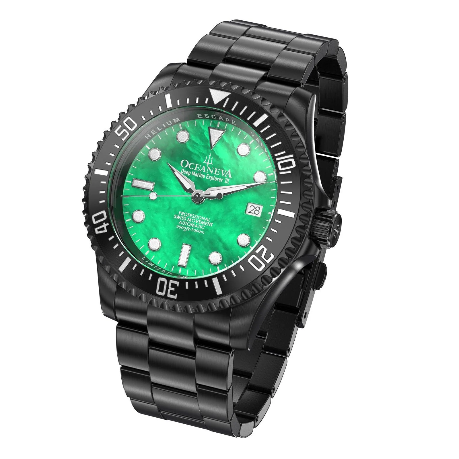 Oceaneva Deep Marine Explorer III Automatic 3000M Pro Diver Black Green Mother Of Pearl Limited Edition