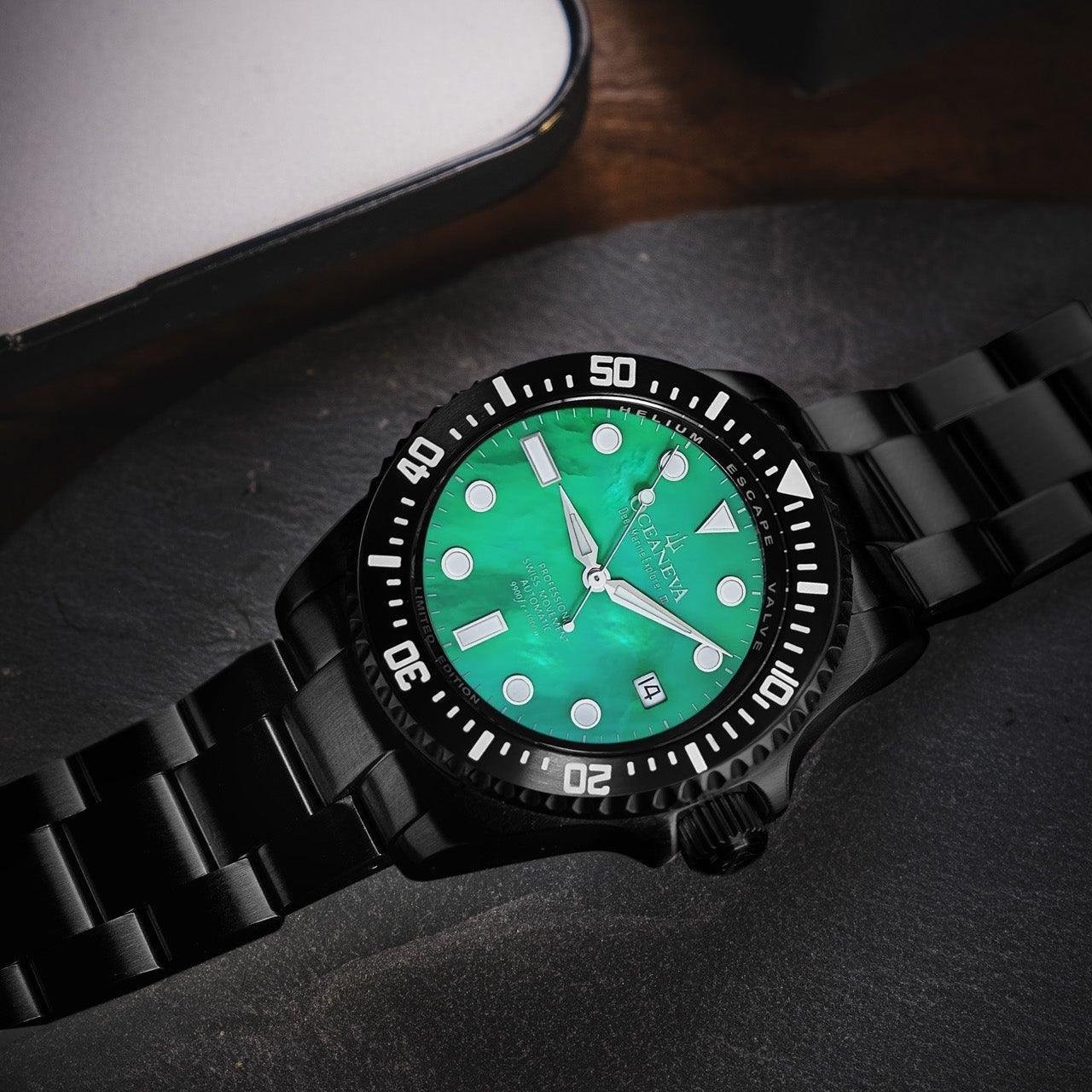 Oceaneva Deep Marine Explorer III Automatic 3000M Pro Diver Black Green Mother Of Pearl Limited Edition
